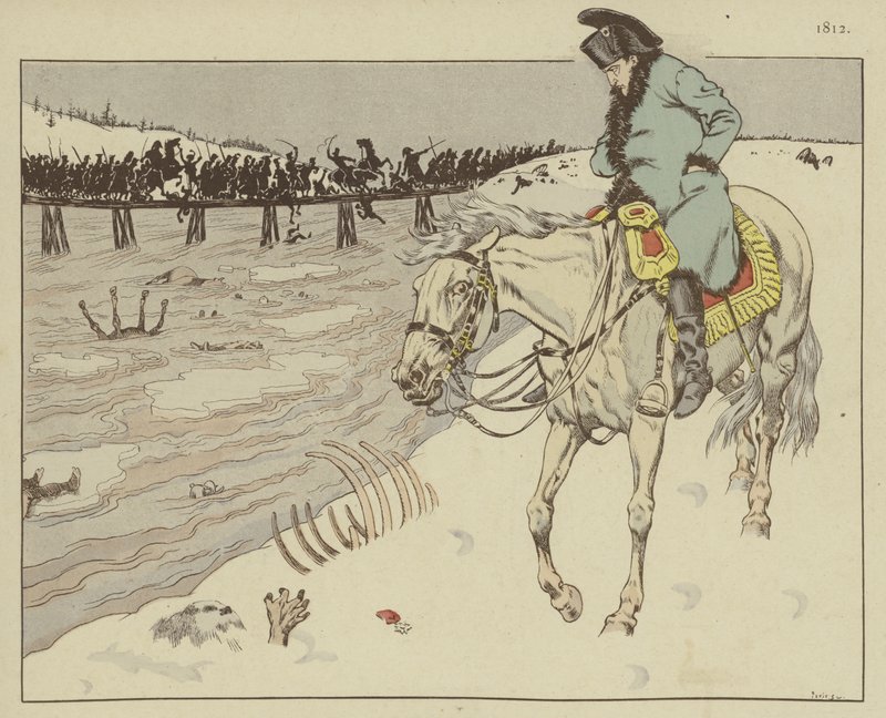 Napoleon ser resterne af sin Grand Armee rossing the River Berezina på tilbagetoget fra Moskva, 1812 af Onfray de Breville Job