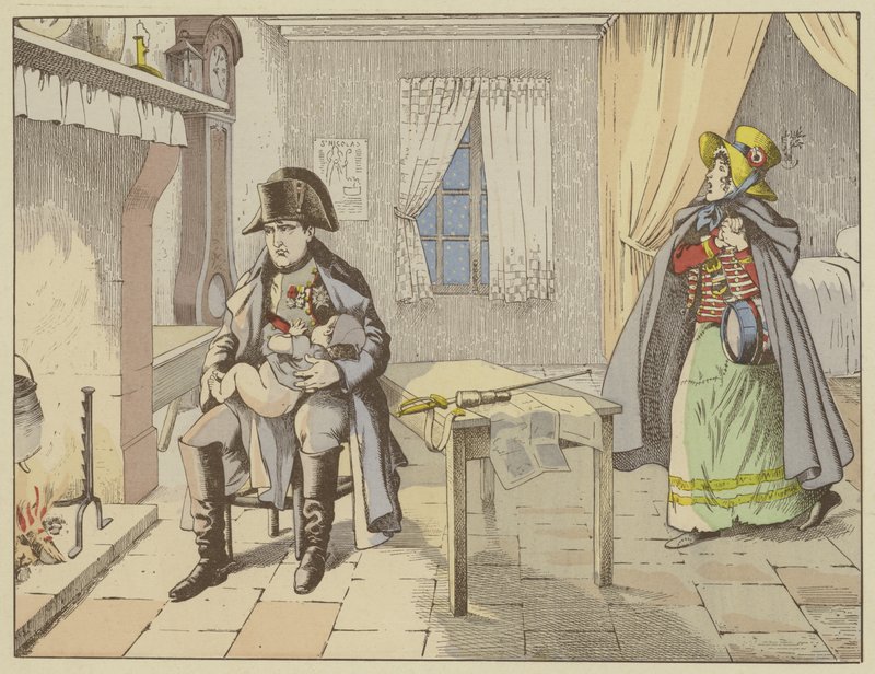 Om aftenen for slaget ved Champaubert og på tærsklen til Montmirail ryster en eftertænksom Napoleon babyen af en cantiniere, den 10.-11. februar 1814 af Onfray de Breville Job