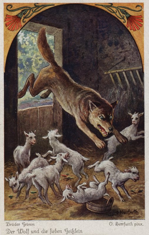 Scene fra "Ulven og de syv unge drenge" af brødrene Grimm af Oskar Herrfurth