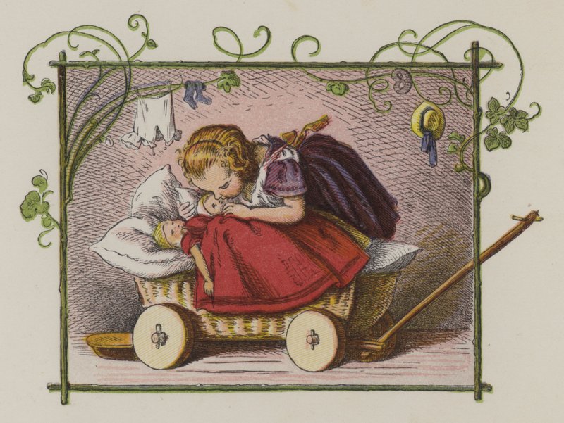 Lille pige kysser sine dukker godnat (farve litho) af Oskar Pletsch