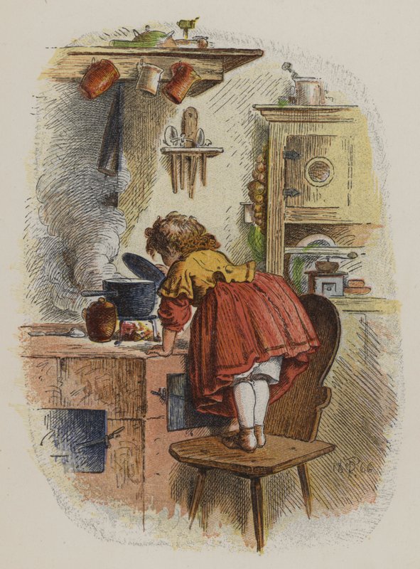 Lille pige kigger ind i en gryde på et komfur (farve litho) af Oskar Pletsch