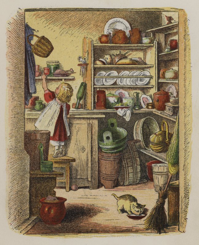 Lille pige, der rækker ud efter en genstand på en høj hylde (farve litho) af Oskar Pletsch