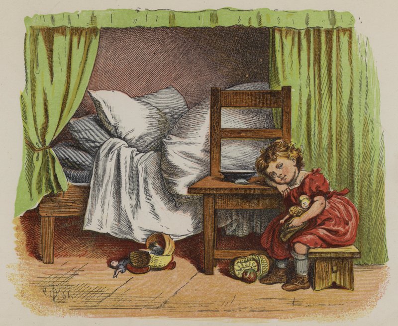 Lille pige sidder ved siden af sin seng (farve litho) af Oskar Pletsch