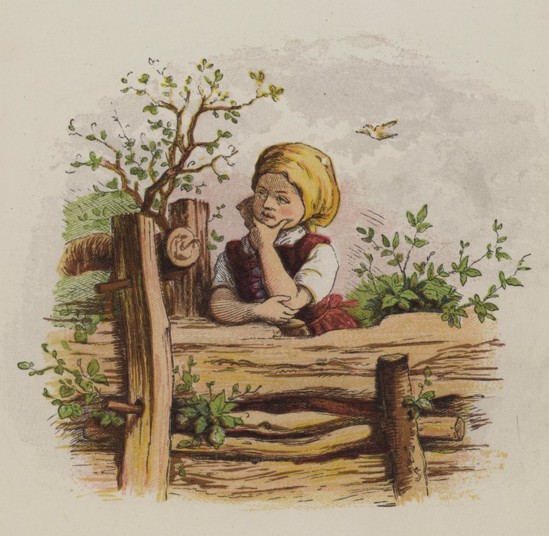 Eftertænksom pige læner sig op ad et hegn (farve litho) af Oskar Pletsch