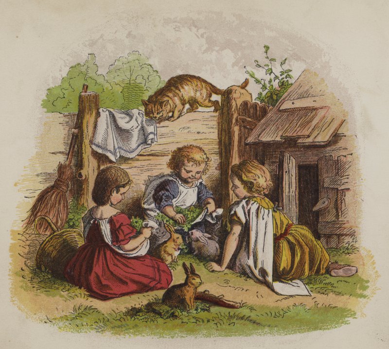 Tre piger leger med deres kælekaniner, overvåget af en kat (farve litho) af Oskar Pletsch