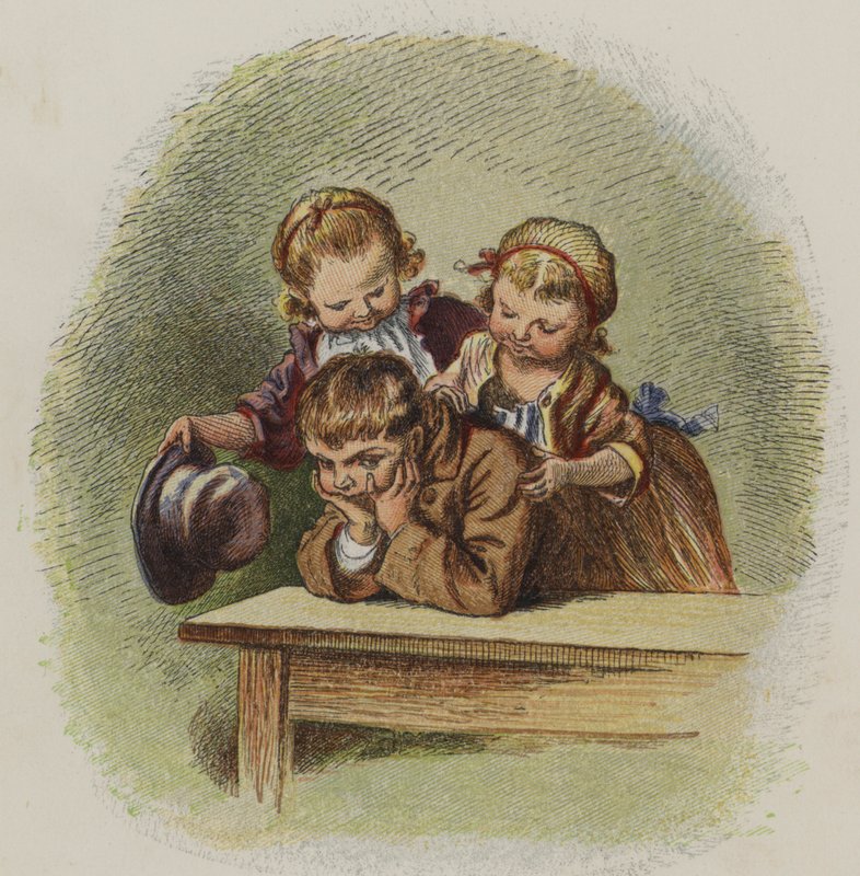 To små piger forsøger at muntre en gnaven dreng op (farve litho) af Oskar Pletsch