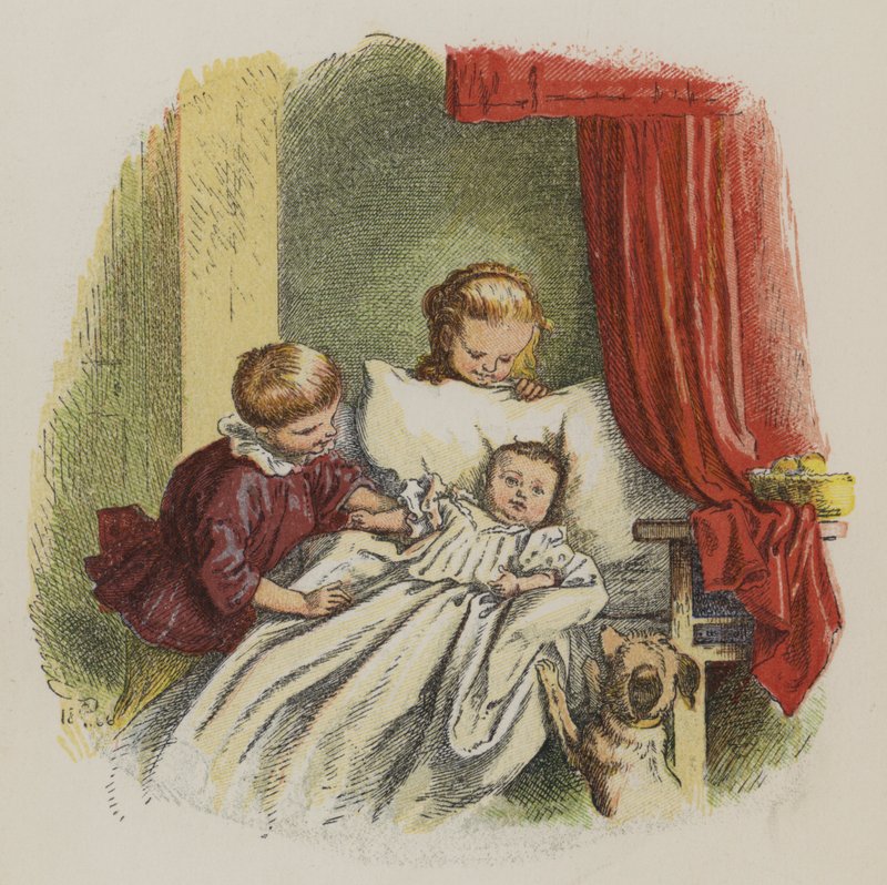 Ung dreng og pige ser på en baby (farve litho) af Oskar Pletsch