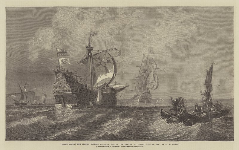 Drake tager den spanske galleon Capitana, One of the Armada, til Torbay, 22. juli 1588, i udstillingen af Society of Painters in Water-Colours af Oswald Walters Brierly
