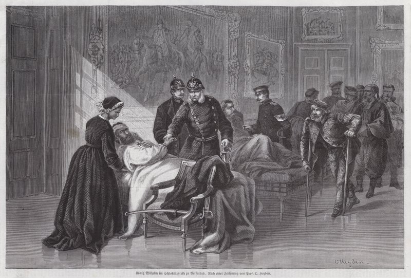 Kong Wilhelm I af Preussen møder sårede soldater i Palais de Versailles, Frankrig, den fransk-preussiske krig af Otto Johann Heinrich Heyden