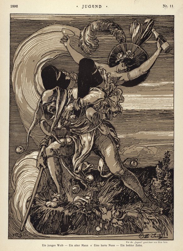 En ung kvinde - en gammel mand - en hård møtrik - en hul tand (litho) af Otto Seitz