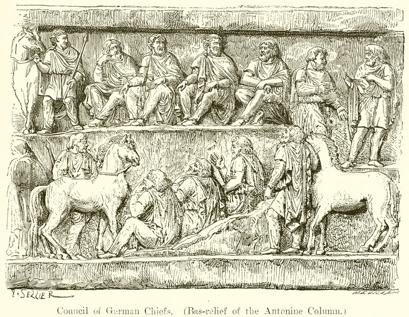 Råd af tyske høvdinge. (Bas-relief af Antoninsøjlen) af P. Sellier