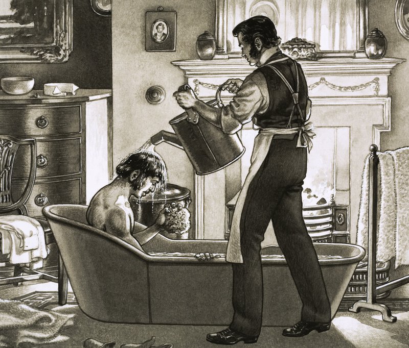 En mand bliver badet af sin kammertjener af Pat (1907-95) Nicolle