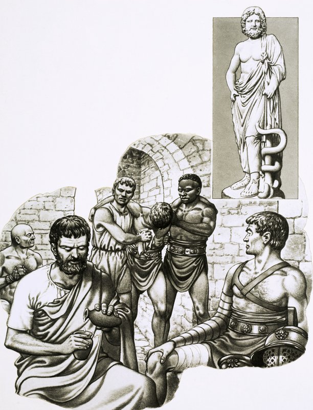 En læge ved gladiatorkampene lapper overlevende sammen af Pat (1907-95) Nicolle