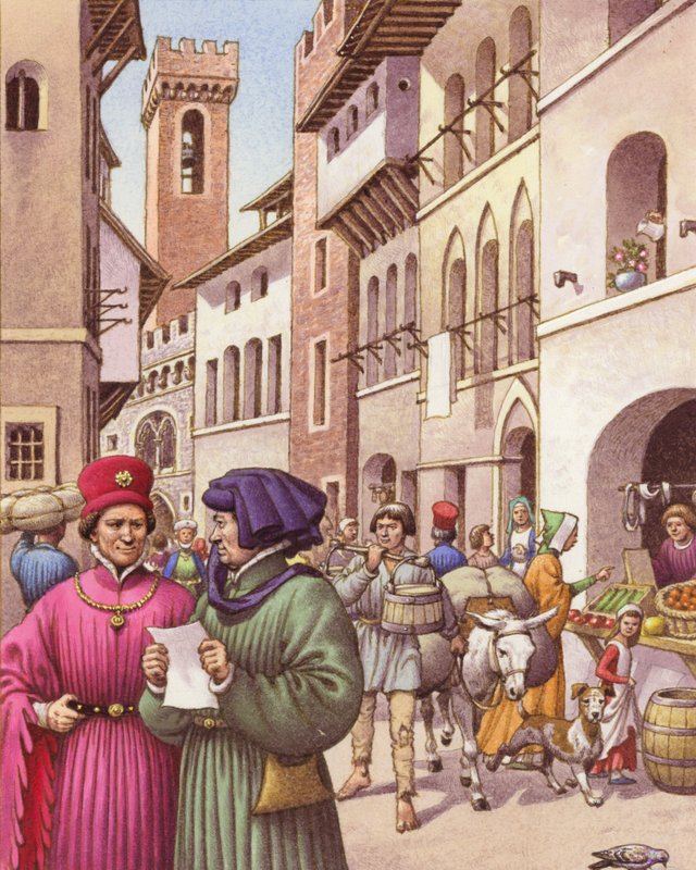Et typisk gadebillede i Firenze i begyndelsen af det 15. århundrede (gouache på papir) af Pat (1907-95) Nicolle