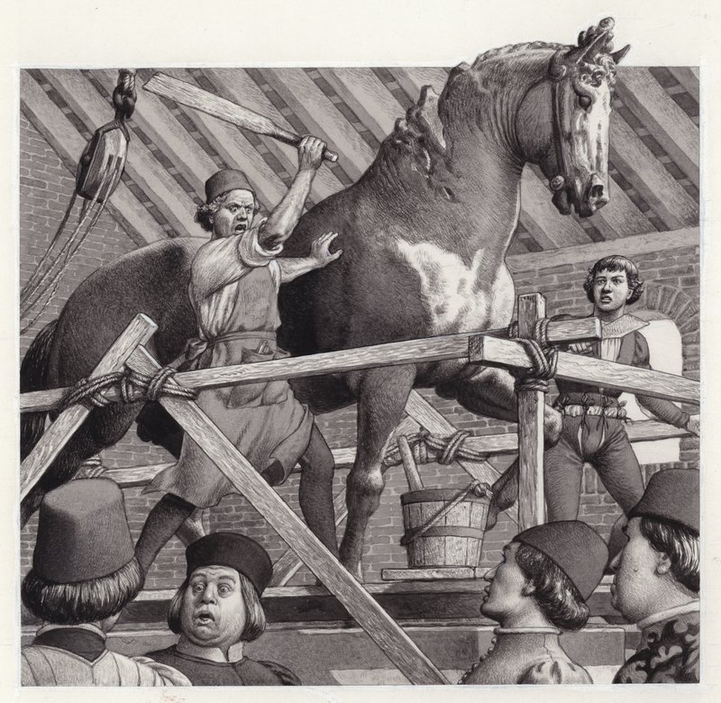 Andrea Verrocchio smadrer hovedet fra sin statue af en hest (gouache på papir) af Pat (1907-95) Nicolle