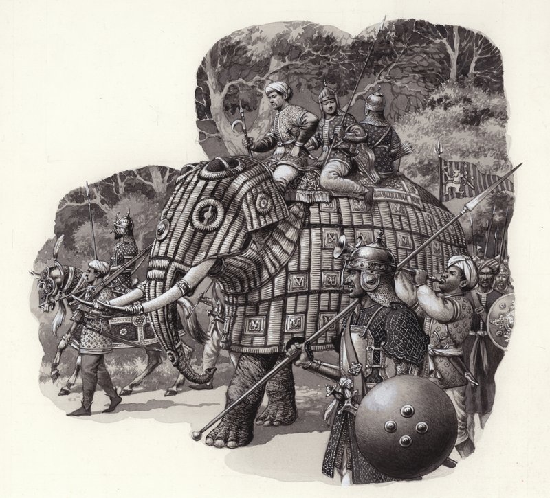 Pansret elefant fra den kinesiske hær (gouache på papir) af Pat (1907-95) Nicolle