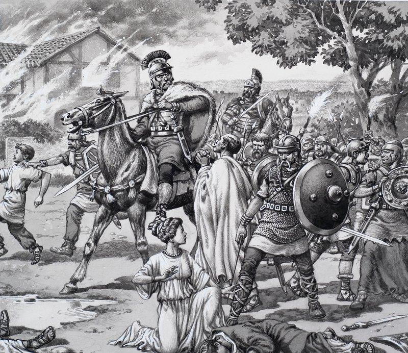 Barbarisk angreb på de romerske briter af Pat (1907-95) Nicolle