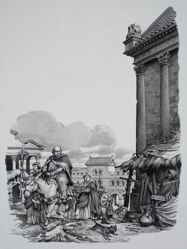 Biskop Mellitus (d.624) ankommer til London (gouache på papir) af Pat (1907-95) Nicolle