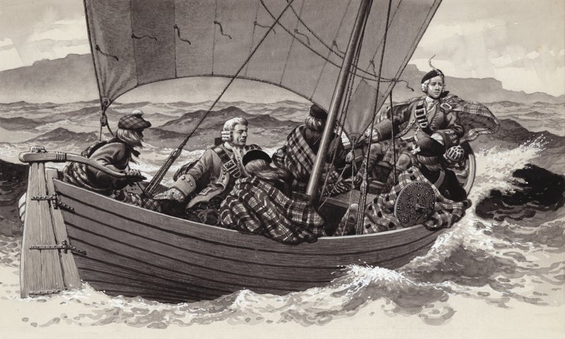 Bonnie Prince Charlie sætter kursen mod Isle of Skye (gouache på papir) af Pat (1907-95) Nicolle