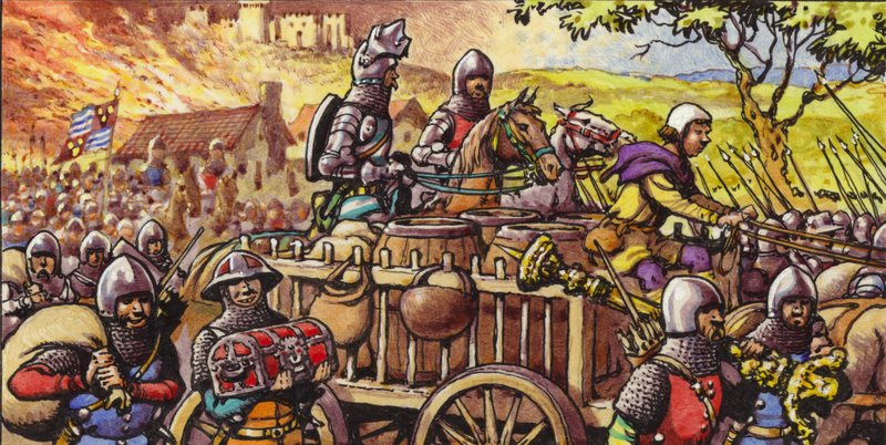 Afbrænding af byen Bar-sur-Seine i 1359 (gouache på papir) af Pat (1907-95) Nicolle