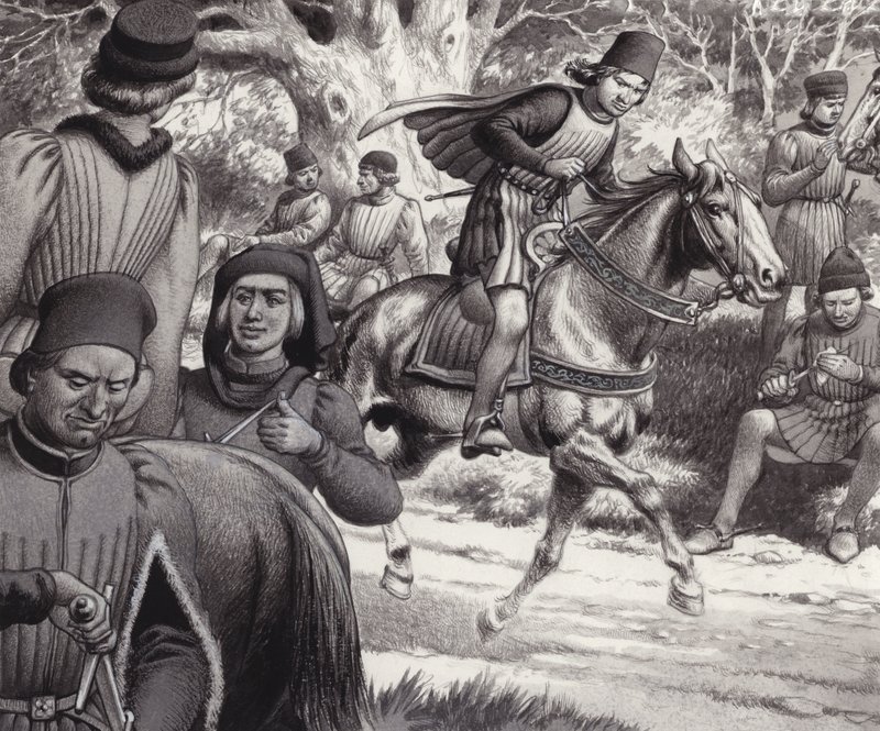 Sammensvorne ser på, mens Lorenzo de Medici rider forbi (gouache på papir) af Pat (1907-95) Nicolle