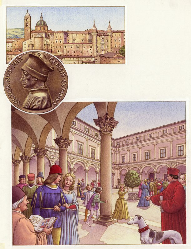 Gårdspladsen i hertugpaladset i Urbino (gouache på papir) af Pat (1907-95) Nicolle