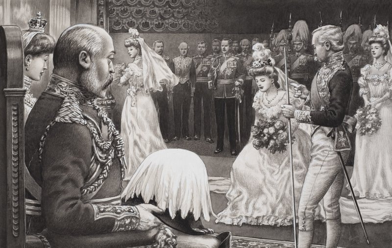 Debutanter præsenteres for Edward VII (1844-1925) og dronning Alexandra (1841-1910) (gouache på papir) af Pat (1907-95) Nicolle