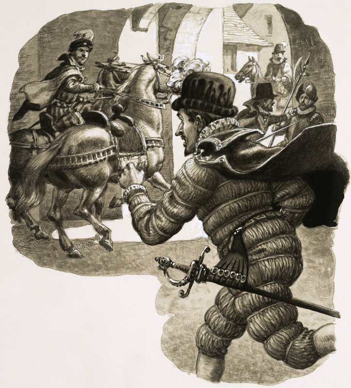 Forklædt som en af sine undersåtter sneg kong Henrik III sig ud af Kraków af Pat (1907-95) Nicolle