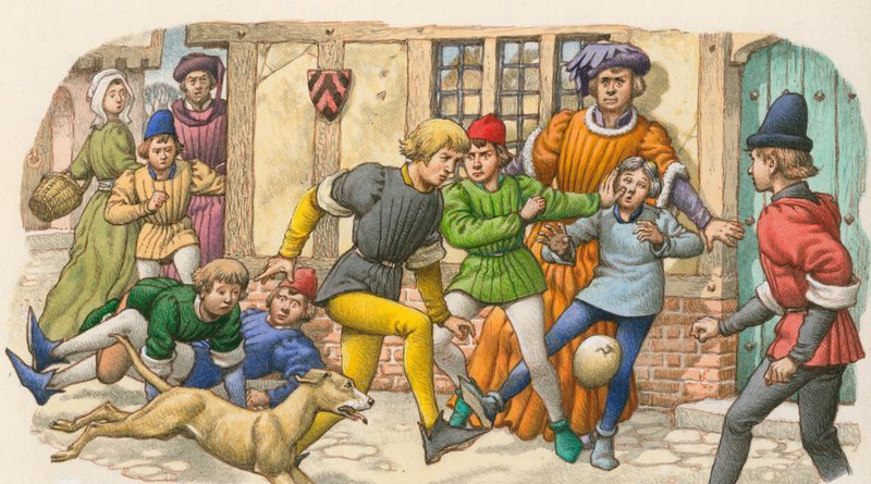 Spil, der minder om fodbold i middelalderen (gouache på papir) af Pat (1907-95) Nicolle