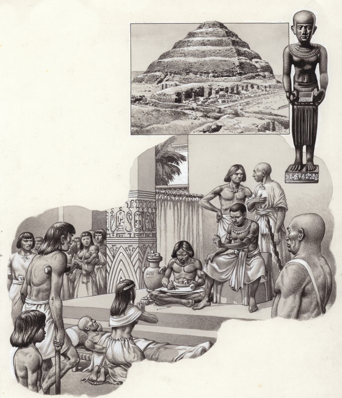 Imhotep "den gode læge" giver råd til en syg mand (gouache på papir) af Pat (1907-95) Nicolle