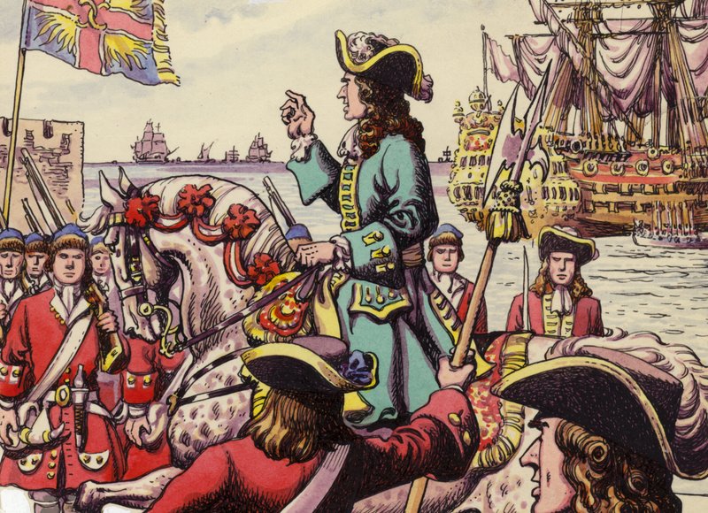 Kong William III går i land ved Carrickfergus (gouache på papir) af Pat (1907-95) Nicolle