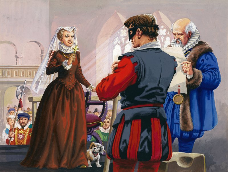 Mary Queen of Scots på vej til at blive halshugget på Fotheringay Castle (gouache på papir) af Pat (1907-95) Nicolle