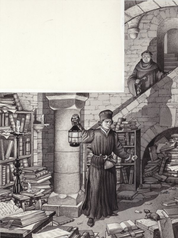 Poggio Bracciolini i det forsømte bibliotek i klosteret St Gall (gouache på papir) af Pat (1907-95) Nicolle