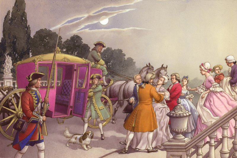 Prinsesse Augusta, der var ved at føde, blev sat ind i en vogn (gouache på papir) af Pat (1907-95) Nicolle