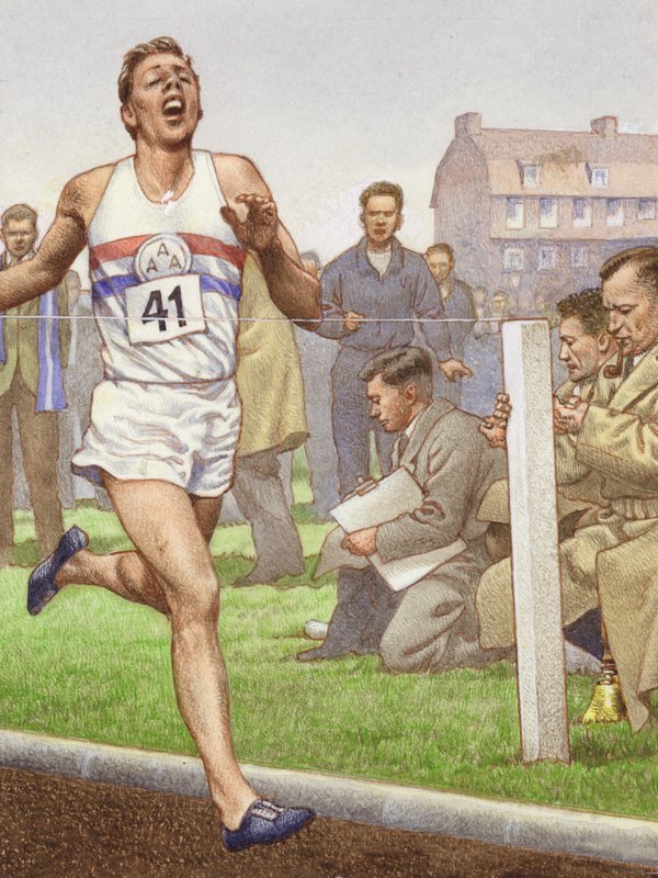 Roger Bannister løber den første mile på fire minutter (gouache på papir) af Pat (1907-95) Nicolle