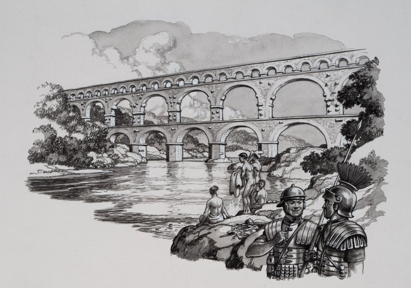 Roman Aqueduct (gouache på papir) af Pat (1907-95) Nicolle
