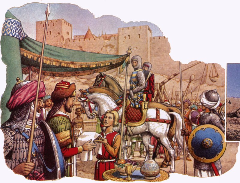 Saladin besejrer Kerak Slot af Pat (1907-95) Nicolle
