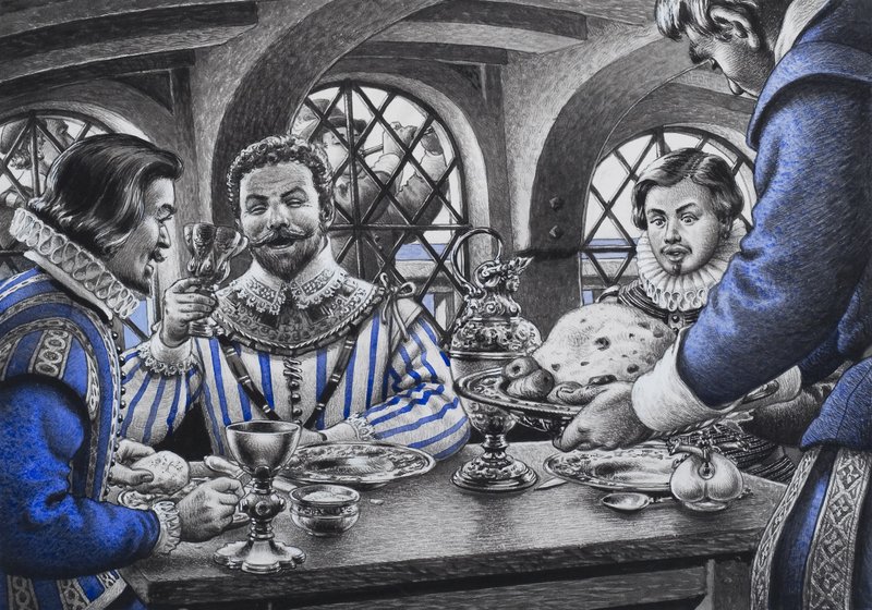 Sir Francis Drake (1540-96) ved bordet (gouache på papir) af Pat (1907-95) Nicolle