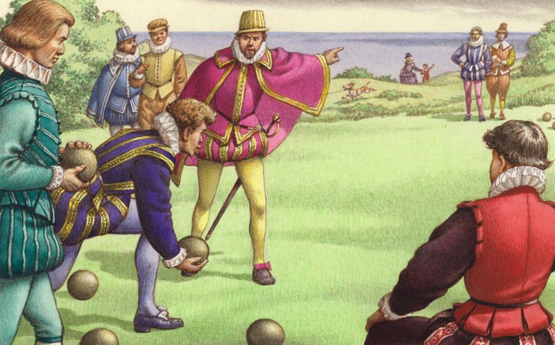 Sir Francis Drake spiller bowls før den spanske armadas ankomst (gouache på papir) af Pat (1907-95) Nicolle