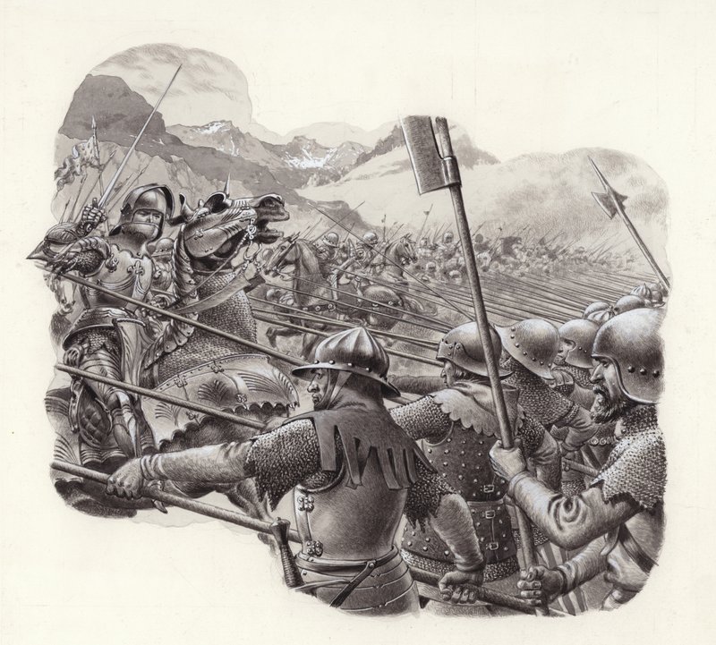 Schweizisk infanteri i det 15. århundrede (gouache på papir) af Pat (1907-95) Nicolle