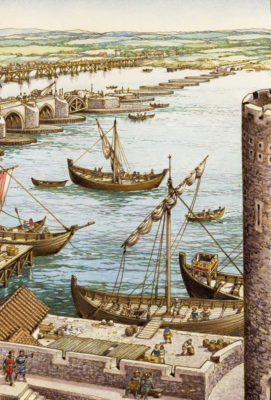 Bygningen af den nye London Bridge (gouache på papir) af Pat (1907-95) Nicolle
