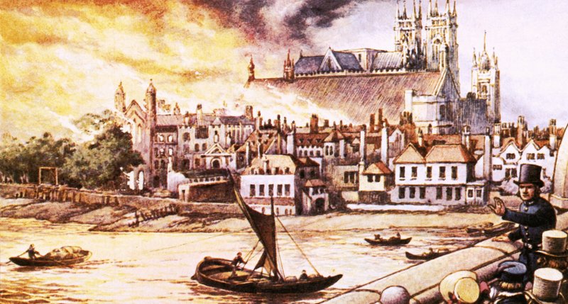 De gamle parlamentsbygninger blev ødelagt af en brand i 1834 af Pat (1907-95) Nicolle