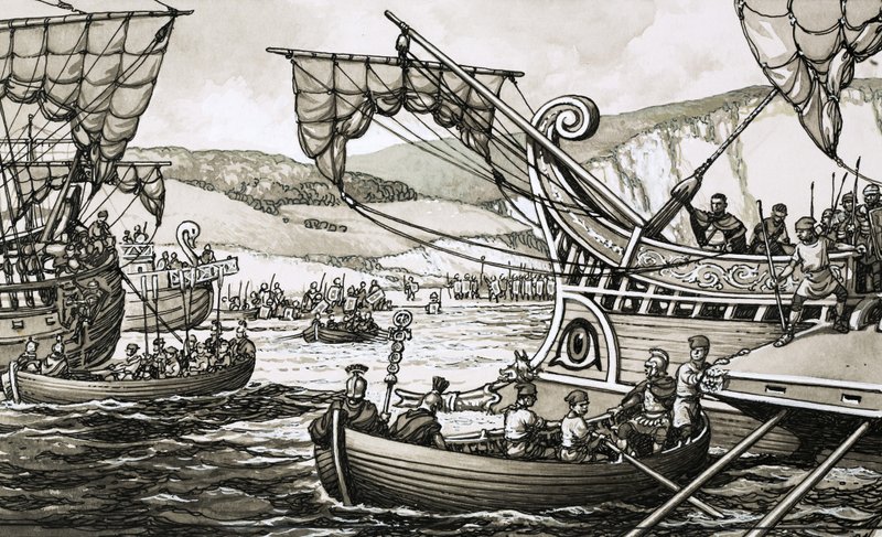 Romerne under Julius Cæsar gik i land i Dover i 55 f.Kr. efter en hård kamp. af Pat (1907-95) Nicolle