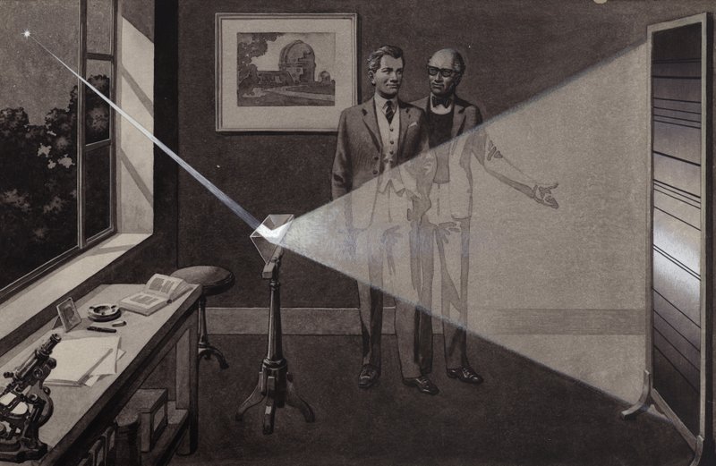 Lyset fra en stjerne rammer et prisme og splittes i en regnbue af farver (gouache på papir) af Pat (1907-95) Nicolle