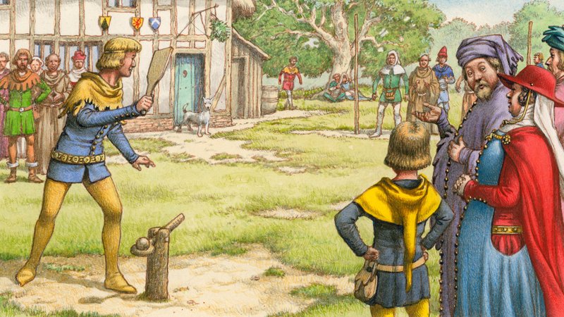 Trap-ball, som den kunne have været set af Chaucers pilgrimme (gouache på papir) af Pat (1907-95) Nicolle