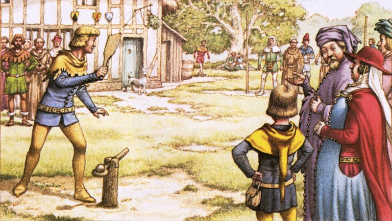 Trap-ball, som Chaucers pilgrimme kunne have set det af Pat (1907-95) Nicolle
