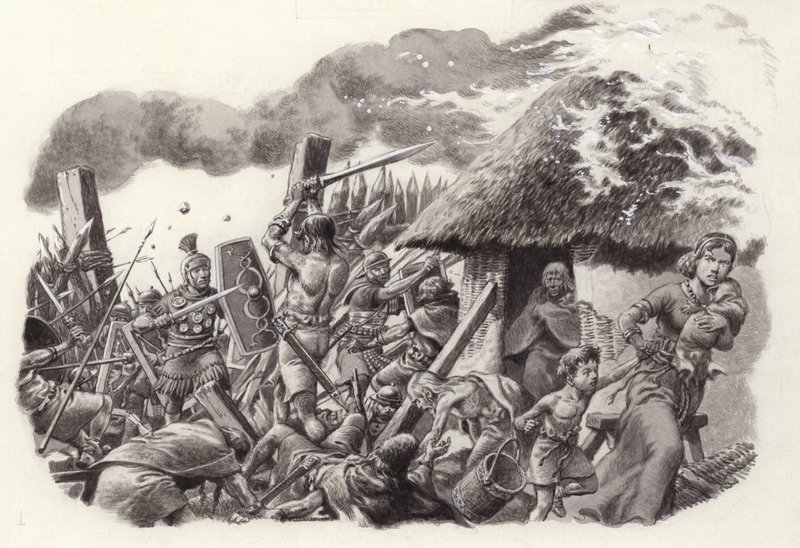 En romersk legion stormer Maiden Castle (gouache på papir) af Pat (1907-95) Nicolle