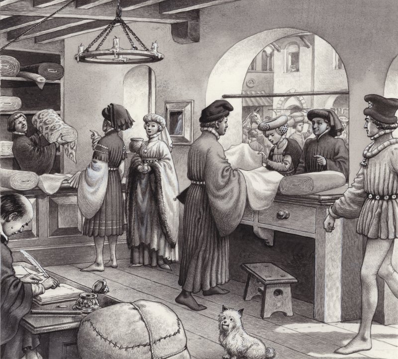 En tøjkøbmands butik i renæssancens Italien (gouache på papir) af Pat (1907 95) Nicolle