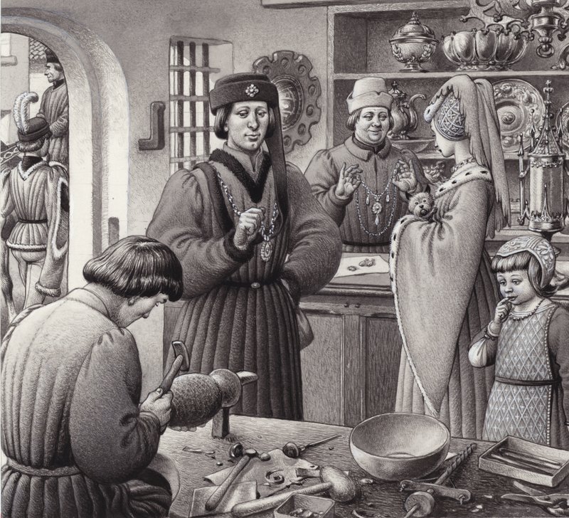 En guldsmedeforretning i Italien i det 15. århundrede (gouache på papir) af Pat (1907 95) Nicolle