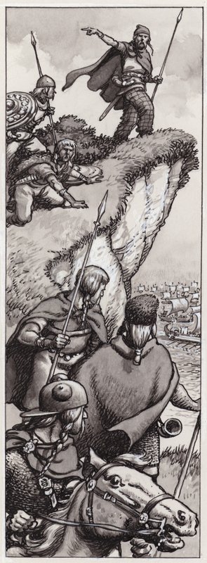 Gamle briter, der spotter Julius Cæsars invaderende styrker i 55 f.Kr (gouache på papir) af Pat (1907-95) Nicolle